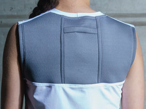 Details from Warrior Hill's original women's tank, including insulin pump pocket